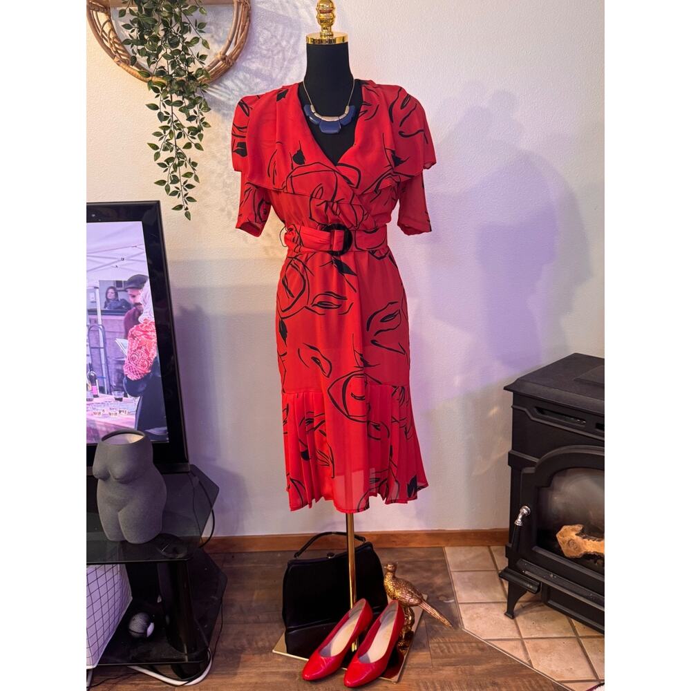 80s Vintage Secretary Boss Lady Red Dress Size S Pre-Owned - Picture 4 of 13